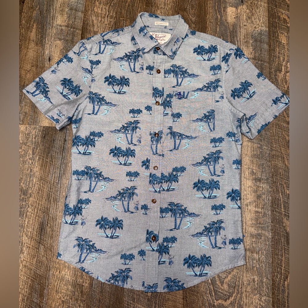 Men's Light Blue Short-Sleeve Palm Print Button-Down Shirt